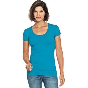 Bodyfit dames t-shirt turquoise met ronde hals - Dameskleding basic shirts