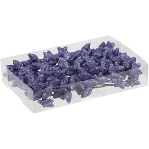 108x Paarse glitter mini sterretjes stekers kunststof 4 cm - Kerststukje maken onderdelen