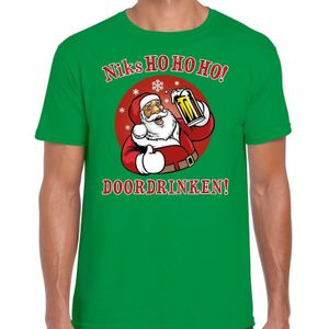 Fout Kerst t-shirt - bier drinkende kerstman - niks HO HO HO doordrinken - groen voor heren - kerstkleding / kerst outfit