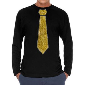 Bellatio Decorations Verkleed shirt heren - stropdas glitter goud - zwart - carnaval - longsleeve