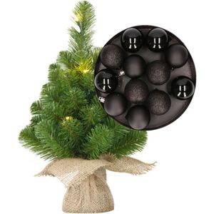 Mini kerstboom/kunstboom met verlichting 45 cm en inclusief kerstballen zwart - Kerstversiering