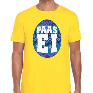 Geel Paas t-shirt met blauw paasei - Pasen shirt voor heren - Pasen kleding