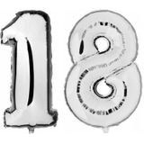 18 jaar zilveren folie ballonnen 88 cm leeftijd/cijfer - Leeftijdsartikelen 18e verjaardag versiering - Heliumballonnen