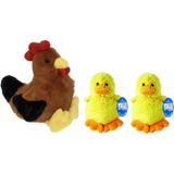 Pluche bruine kippen/hanen knuffel van 25 cm met twee gele pluche kuikens 16 cm - Paas/pasen decoratie