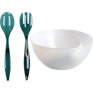 Plasticforte Salade/sla serveerschaal - transparant - kunststof - D28 cm - met sla bestek - blauw - 29 cm