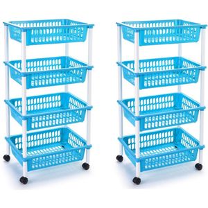 2x stuks lichtblauwe opberg trolley/roltafel met 4 manden 40 x 50 x 85 cm - Etagewagentje/karretje met opbergkratten