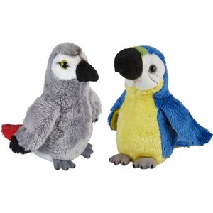 Ravensden - Papegaaien vogels pluche knuffels - 2x stuks - Blauwe en Grijze - 15 cm