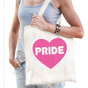 Bellatio Decorations Gay Pride tas dames - wit - katoen - 42 x 38 cm - roze glitter hart - LHBTI