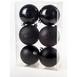 12x Kerstversiering - zwarte kerstballen van kunststof 8 cm