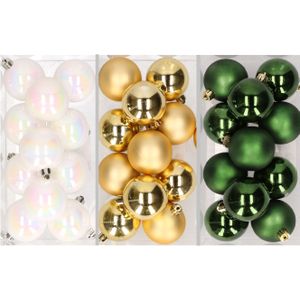 36x stuks kunststof kerstballen mix van parelmoer wit, goud en donkergroen 6 cm - Kerstversiering