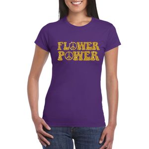Paars Flower Power t-shirt peace tekens met gouden letters dames - Sixties/jaren 60 kleding