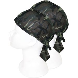 2x Bandanas leger camouflageprint voor kinderen/volwassenen - Voorgevormde/voorgeknoopte bandanas in groene legerprint - Sport/horeca bandana - Team kleur hoofdaccessoires