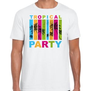 Tropical party Hawaii T-shirt heren - palmbomen - wit - carnaval/themafeest