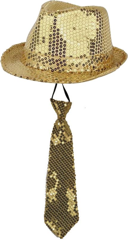 Party carnaval verkleed hoedje en stropdas - Goud glitters - Verkleedkleding voor volwassenen