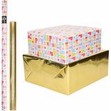 8x Rollen kraft inpakpapier happy birthday pakket - metallic goud 200 x 70/50 cm - cadeau/verzendpapier