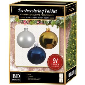 Kerstbal en piek set 91x wit-goud-donkerblauw voor 150 cm boom - Kerstboomversiering