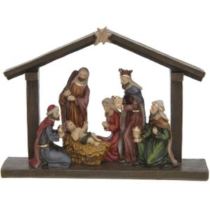 Polystone Kerststal met Ster en Beelden - 20 x 5,5 x 15 cm - Kerstdecoratie