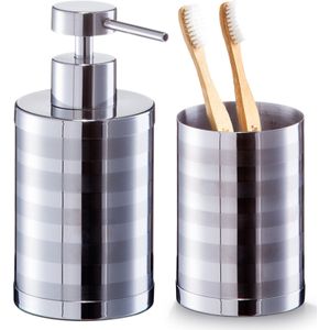 Zeller badkamer accessoires set 2-delig - rvs - zilver streep motief