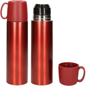 2x stuks RVS thermosflessen/isoleerflessen mat rood 500 ml met kunststof dop