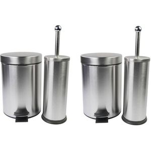 2x Set Pedaalemmer 3 liter met bijpassende toiletborstel - RVS - wc / toilet set - 4-delige set