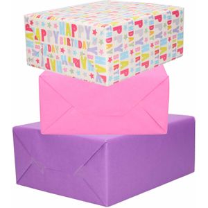 6x Rollen kraft inpakpapier roze/paars/happy birthday 200 x 70 cm - cadeaupapier / kadopapier / boeken kaften