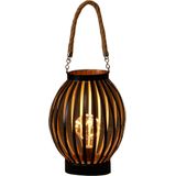 Led sfeer lantaarn/lamp zwart/goud rond met timer B16 x H22 cm - Woondecoratie/kerstversiering sfeerverlichting