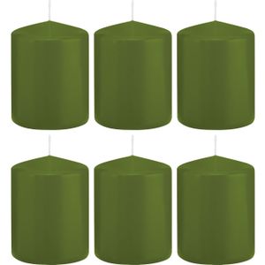 6x Olijfgroene cilinderkaarsen/stompkaarsen 6 x 8 cm 29 branduren - Geurloze kaarsen olijf groen - Woondecoraties