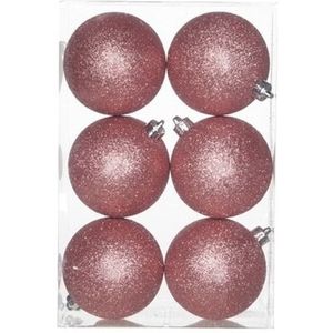6x Roze kunststof kerstballen 8 cm - Glitter - Onbreekbare plastic kerstballen - Kerstboomversiering roze
