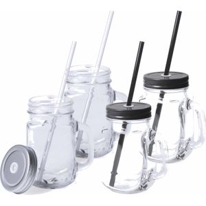 6x stuks Glazen Mason Jar drinkbekers met dop en rietje 500 ml - 3x zwart/3x zilver - afsluitbaar/niet lekken/fruit shakes