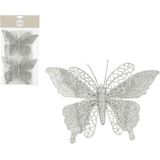 House of Seasons kerstboomversiering vlinders op clip - 4x st - zilver - 16 cm