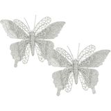 House of Seasons kerstboomversiering vlinders op clip - 4x st - zilver - 16 cm