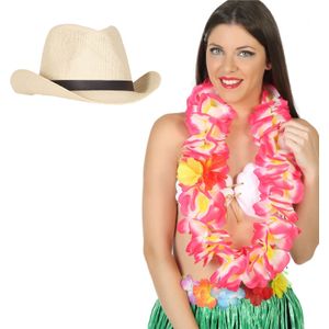 Carnaval verkleedset - Tropical Hawaii party - stro cowboy hoed - en volle bloemenslinger roze - voor volwassenen