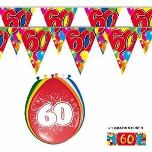 Feestartikelen pakket 60 jaar van 3x vlaggenlijnen + 24x ballonnen + 2 gratis stickers - Verjaardag 60-er