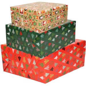 Pakket van 3x Rollen Kerst inpakpapier/cadeaupapier groen rood bruin met print 2,5 x 0,7 meter - Kerst cadeautjes inpakken