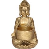 2x Zittende Boeddha waxinelichthouder goud 14 cm - Woondecoratie/woonaccessoires - Decoratiebeeldjes - Waxinelicht/kaars/theelicht houders - Boeddhabeelden voor in huis