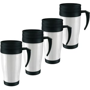 4x Thermosbeker/warmhoudbeker wit/zwart 400 ml - Thermo koffie/thee bekers dubbelwandig met schroefdop