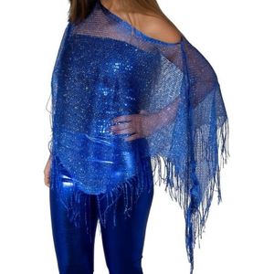 Blauwe visnet poncho/ omslagdoek/ stola dames