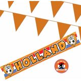 Ek oranje straat/ huis versiering pakket met oa 1x Holland banner 370x60 en 300m oranje vlaggenlijnen - Oranje versiering buiten