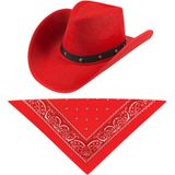Carnaval verkleedset cowboyhoed Billy Boy - rood - met rode hals zakdoek - voor volwassenen