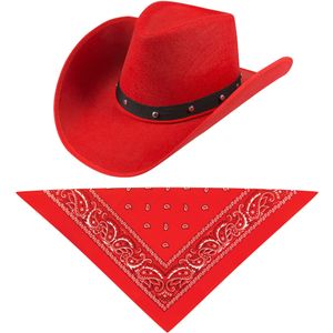 Carnaval verkleedset cowboyhoed Billy Boy - rood - met rode hals zakdoek - voor volwassenen