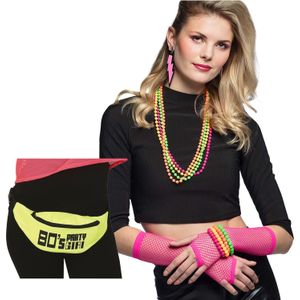 Foute 80s/90s party verkleed set compleet - dames - fluor geel - jaren 80/90 verkleed accessoires