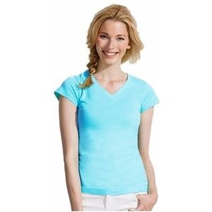 Dames t-shirt  V-hals lichtblauw 100% katoen slimfit - Dameskleding shirts