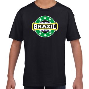 Have fear Brazil is here t-shirt met sterren embleem in de kleuren van de Braziliaanse vlag - zwart - kids - Brazilie supporter / Braziliaans elftal fan shirt / EK / WK / kleding