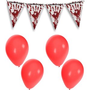 Halloween/horror thema vlaggenlijn - bloederige hand - 400 cm - incl. 10x ballonnen rood