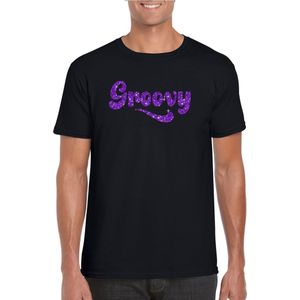 Toppers Zwart Flower Power  t-shirt Groovy met paarse letters heren - Sixties/jaren 60 kleding