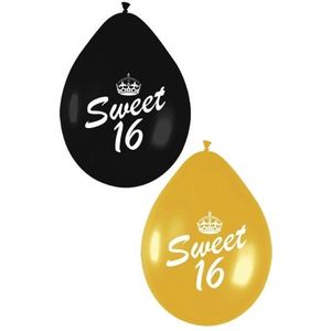 24x stuks Sweet 16 thema ballonnen zwart en goud van 27 cm - Feestartikelen verjaardag versiering