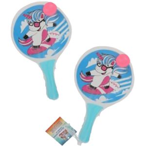 Houten beachball set lichtblauw met surfende eenhoorn print - Strand balletjes - Rackets/batjes en bal - Tennis ballenspel