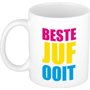 Beste juf ooit cadeau koffiemok / theebeker met roze/gele/blauwe blokletters 300 ml - verjaardag / bedankje - cadeau juf / lerares / onderwijzeres