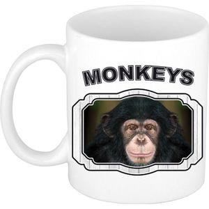 Dieren liefhebber leuke chimpansee mok 300 ml - kerramiek - cadeau beker / mok apen liefhebber