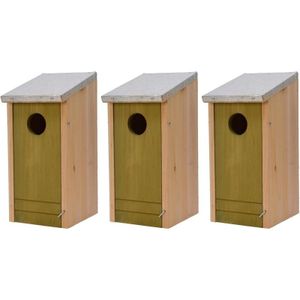 3x Houten vogelhuisjes/nestkastjes met lichtgroene voorzijde en metalen dakje 26 cm - Vogelhuisjes tuindecoraties
